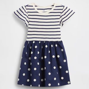 babyGap Flutter Sleeve Dress-New Navy Blue Polka Dots Stripes