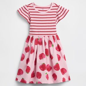 babyGap Flutter Sleeve Dress-Pink Rose Mist Red Apples Stripes
