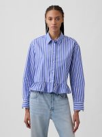 Relaxed Cropped Ruffle Shirt-Blue White Stripe