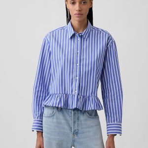 Relaxed Cropped Ruffle Shirt-Blue White Stripe