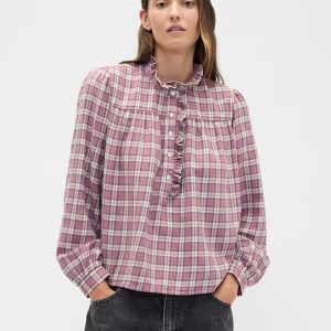 Oversized Ruffle Top-Pink Plaid
