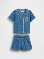 Baby Denim Varsity Outfit Set-Medium Wash