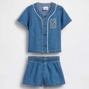 Baby Denim Varsity Outfit Set-Medium Wash