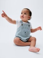 Baby Denim Stripe Bear Pocket Bubble Overalls-Blue Stripe