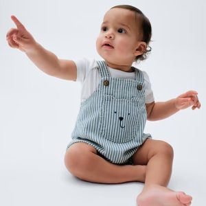 Baby Denim Stripe Bear Pocket Bubble Overalls-Blue Stripe