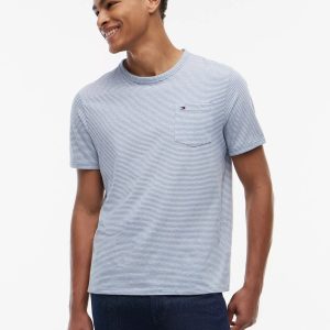 Striped Linen-Blend Pocket T-Shirt-Brisk Blue
