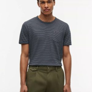 Striped Linen-Blend Pocket T-Shirt-Navy