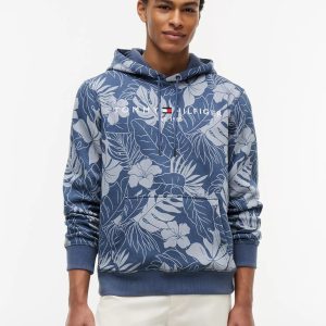 Tropical Print Brushed-Back Hoodie-Faded Indigo