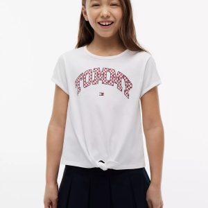 Kids' Gingham Logo Tie-Front T-Shirt-Optic White