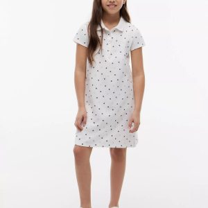 Kids' Allover Floral Print Polo Dress-Optic White