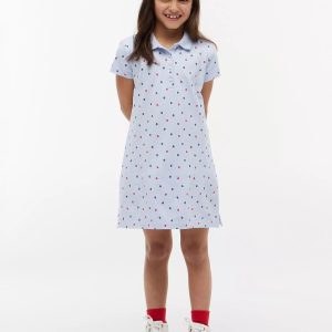 Kids' Allover Floral Print Polo Dress-Sweet Blue