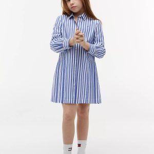 Kids' Striped Pleated Shirtdress-Noble Blue