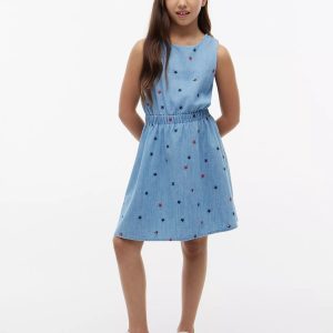 Kids' Allover Star Chambray Dress-Light Wash