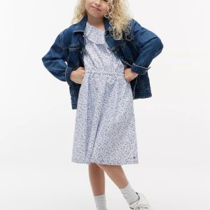 Kids' Floral Print Ruffle-Trim Dress-Sweet Blue