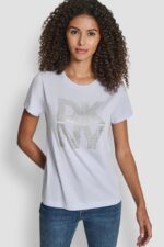 DKNY STACKED RHINESTONE LOGO TEE-Frost Blue/Clear Silver