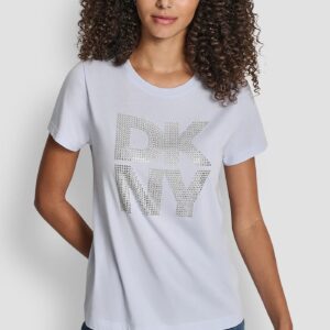 DKNY STACKED RHINESTONE LOGO TEE-Frost Blue/Clear Silver