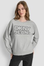 DKNY JEANS CHAINSTITCH OUTLINE LOGO CREW NECK SWEATSHIRT-SKY GREY HEATHER/BLACK
