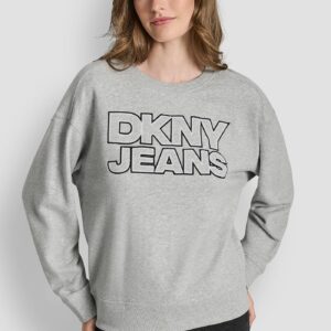 DKNY JEANS CHAINSTITCH OUTLINE LOGO CREW NECK SWEATSHIRT-SKY GREY HEATHER/BLACK