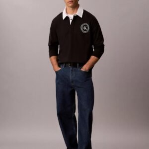 Contrast Collar Rugby Polo Shirt-Black