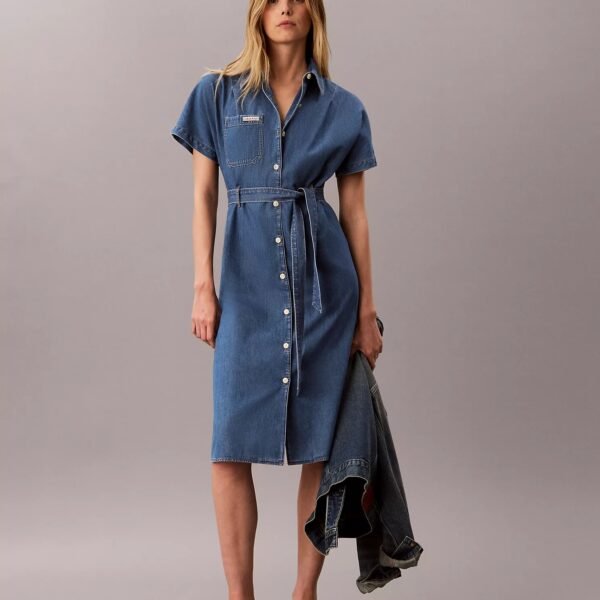Denim Belted Shirt Dress-Blue Beverly