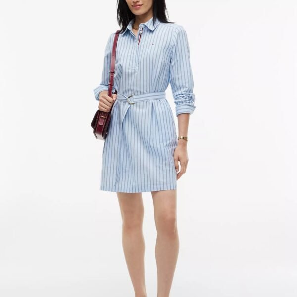 Belted Striped Oxford Shirtdress-Powdery Blue