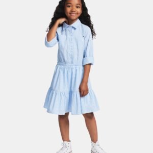 Girls’ 7-16 Striped Long-Sleeve Shirt Dress-White