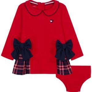 Baby Girls’ Long-Sleeve Peter Pan Collar Dress and Diaper Cover, 2-Piece Set-Red