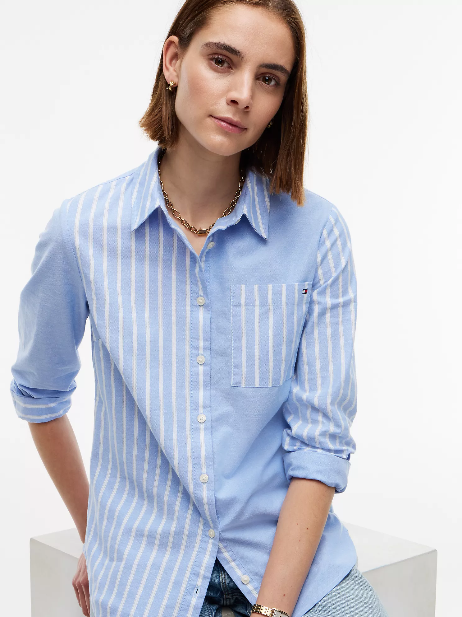 Mixed-Stripe Stretch Oxford Shirt-Blue Spell - Image 2