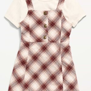 Sleeveless Twill Dress and T-Shirt Set for Toddler Girls-Brown Plaid