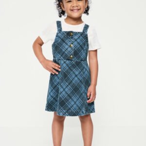 Sleeveless Plaid Denim Dress and T-Shirt Set for Toddler Girls-Blue Plaid