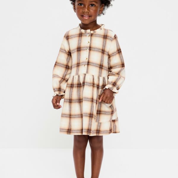 Long-Sleeve Flannel Shirt Dress for Toddler Girls-Neutral Plaid