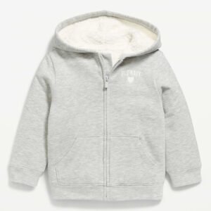 Logo Graphic Sherpa-Lined Zip Hoodie for Toddler Girls-Heather Gray