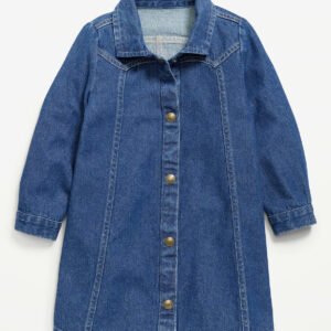 Long-Sleeve Western Denim Shirt Dress for Toddler Girls-Medium Wash