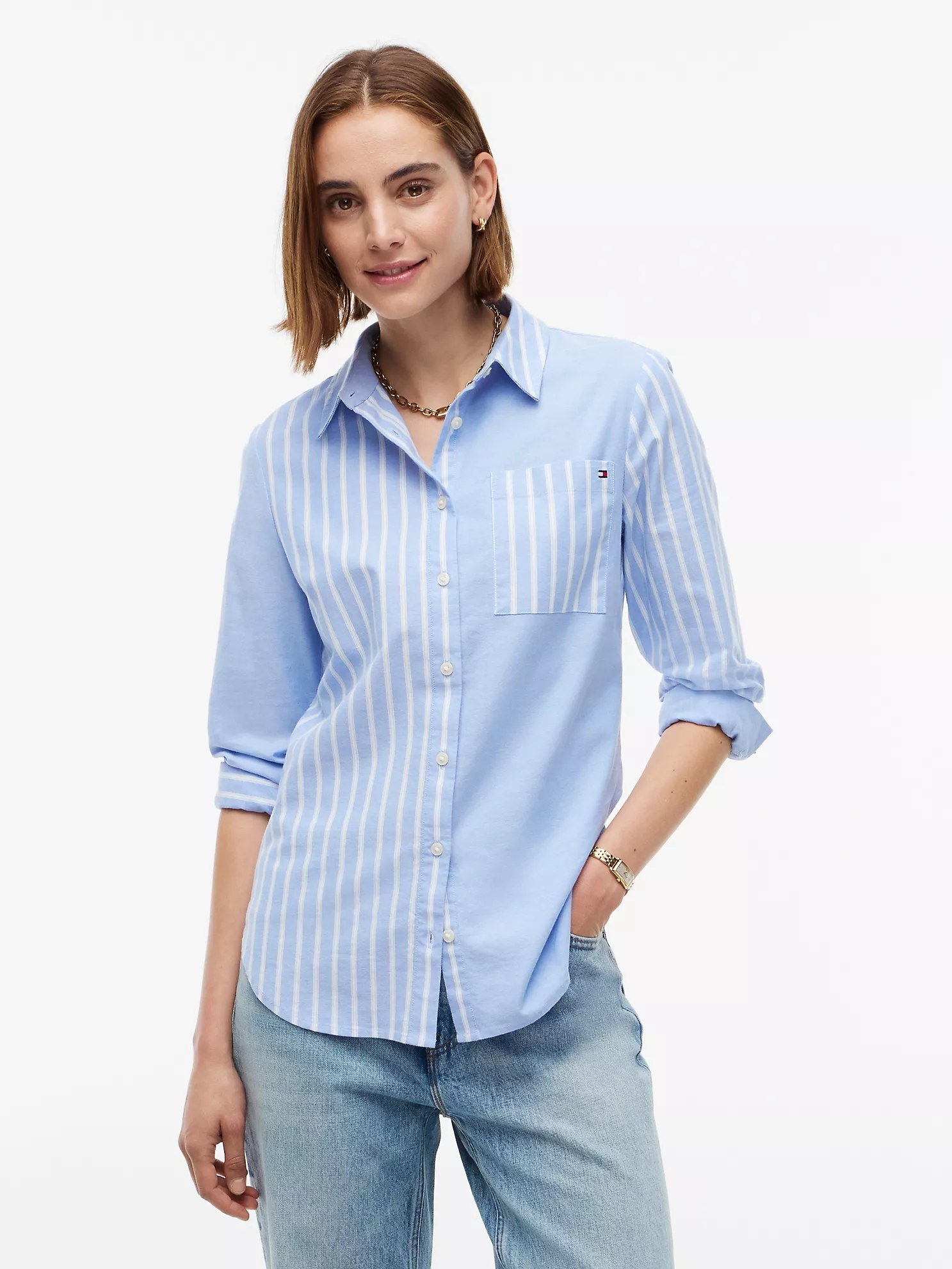 Mixed-Stripe Stretch Oxford Shirt-Blue Spell