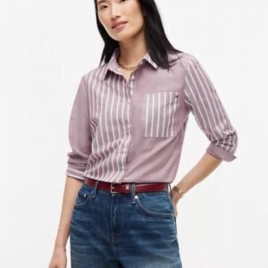 Mixed-Stripe Stretch Oxford Shirt-Burgundy
