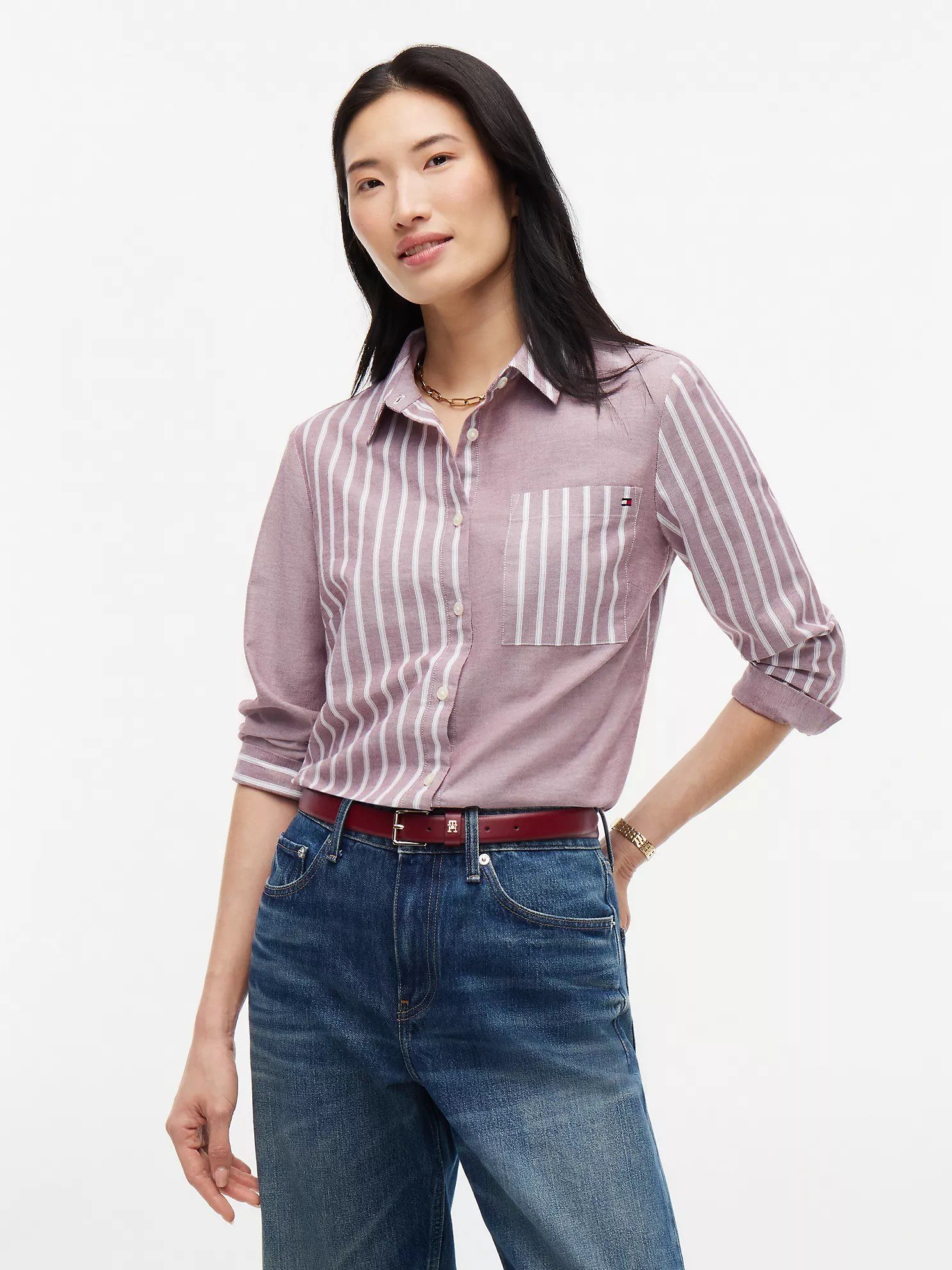 Mixed-Stripe Stretch Oxford Shirt-Burgundy