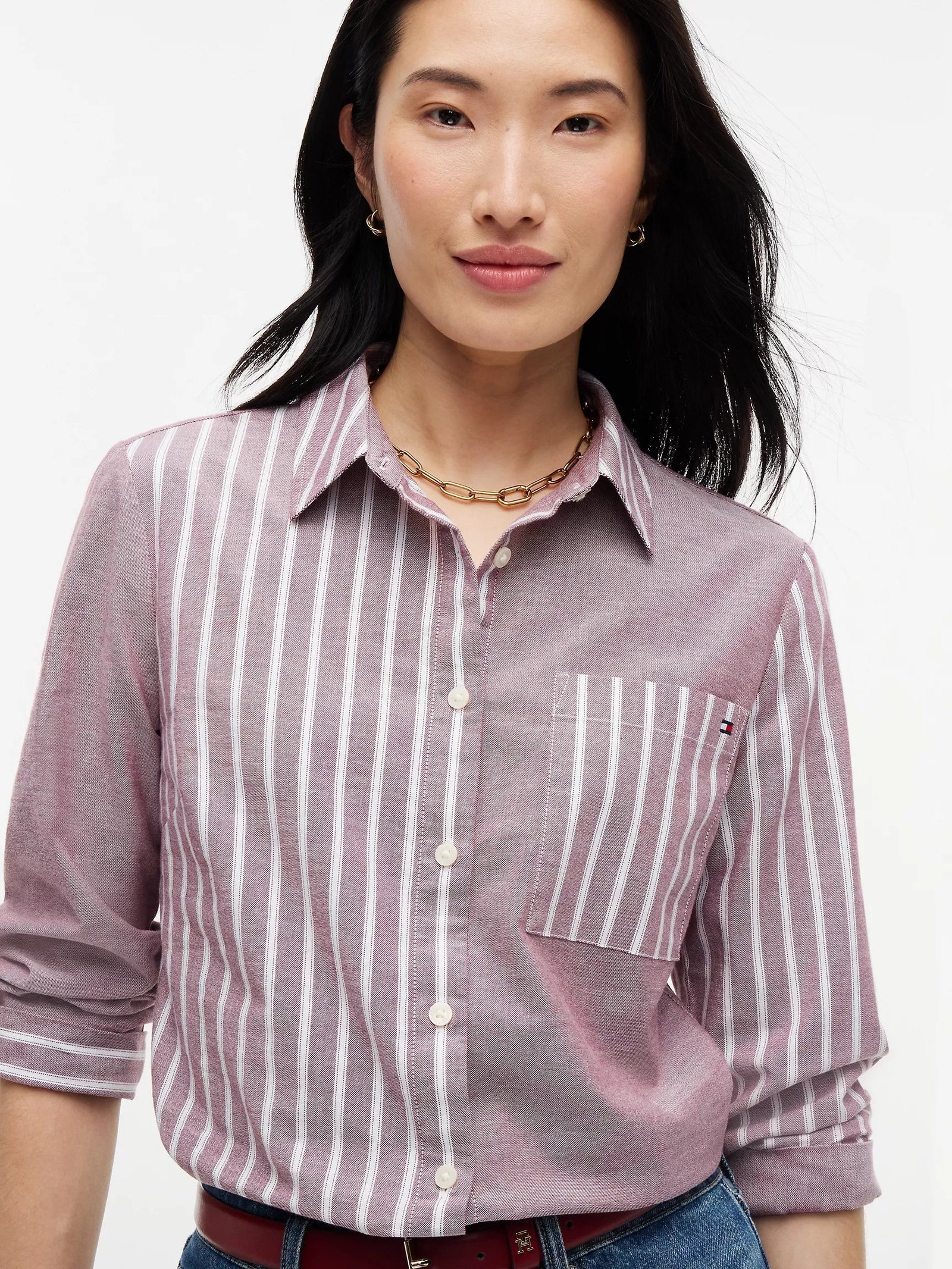 Mixed-Stripe Stretch Oxford Shirt-Burgundy - Image 3