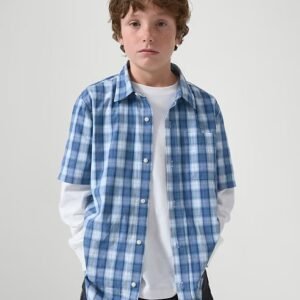 Kids Print Poplin Shirt-Wind Blue