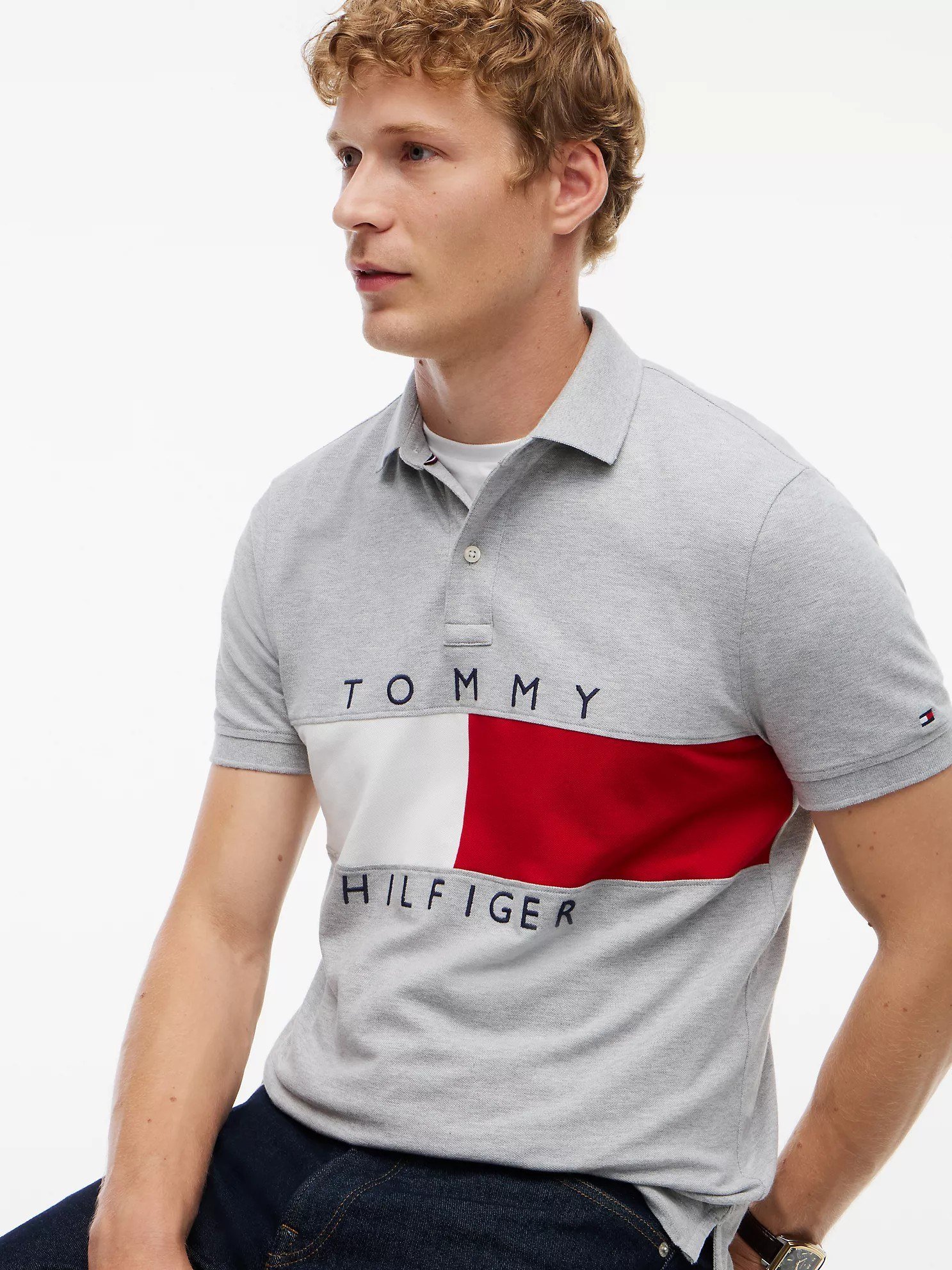 Regular Fit Colorblock Flag Polo-Grey Heather - Image 2