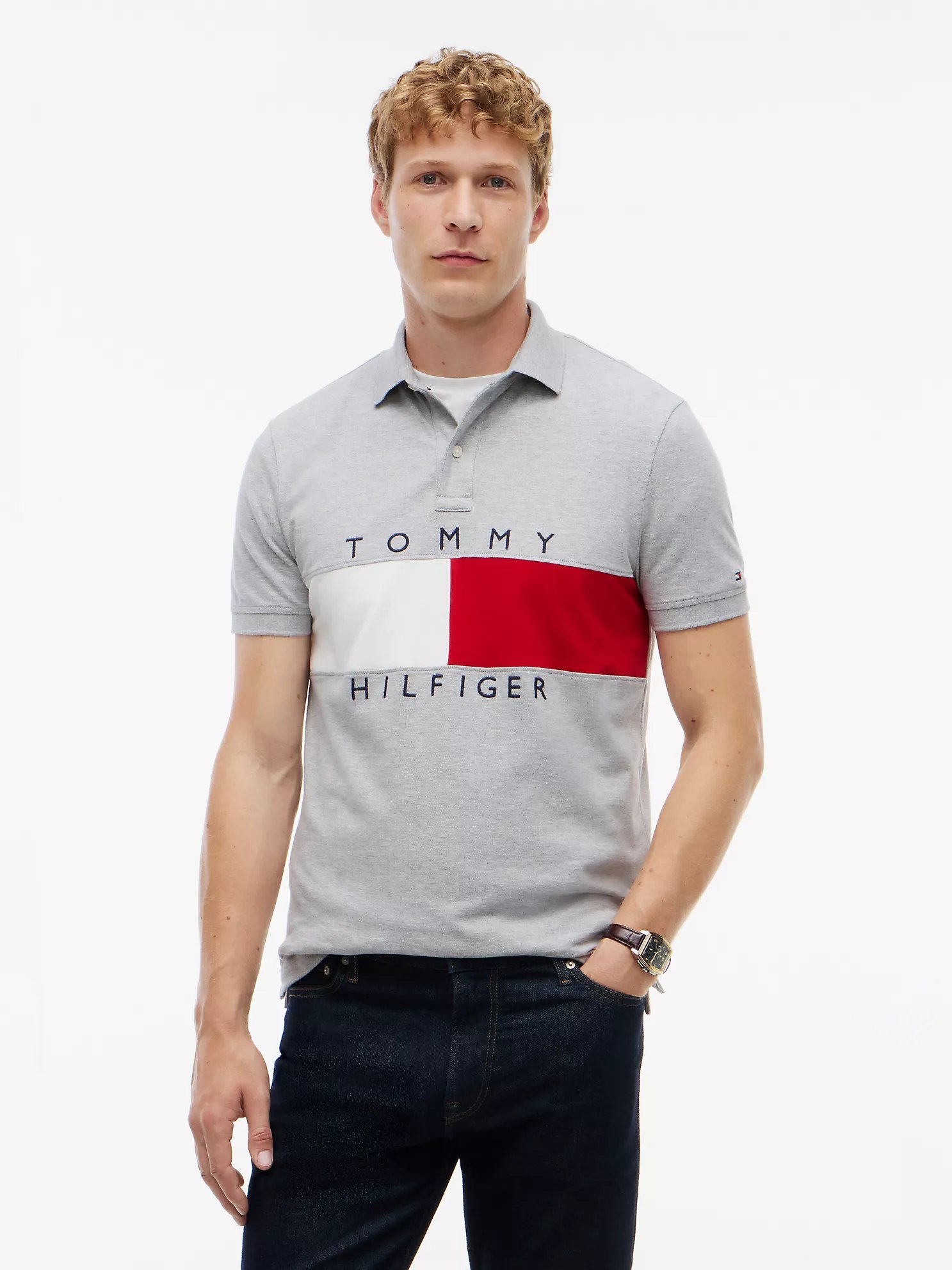 Regular Fit Colorblock Flag Polo-Grey Heather