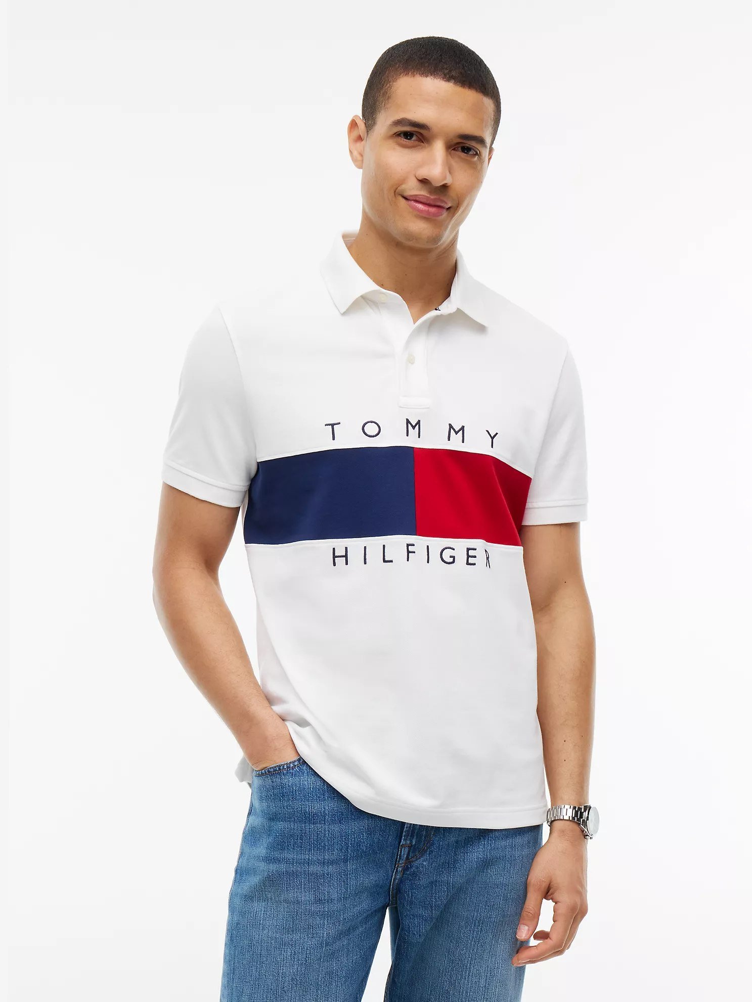 Regular Fit Colorblock Flag Polo-White
