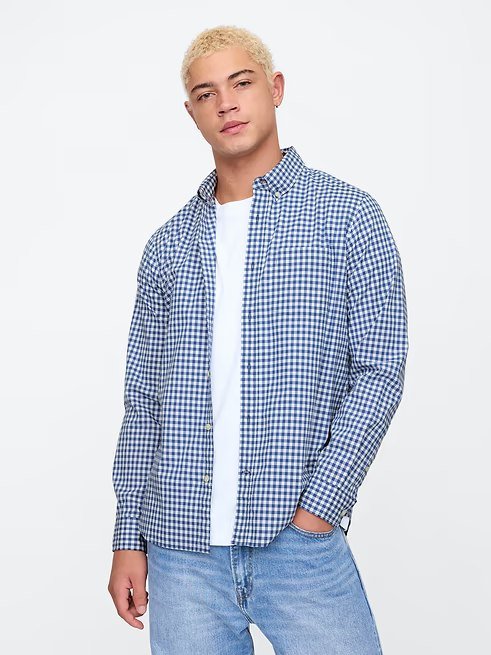 Stretch Poplin Shirt in Standard Fit-Docksider Blue Gingham