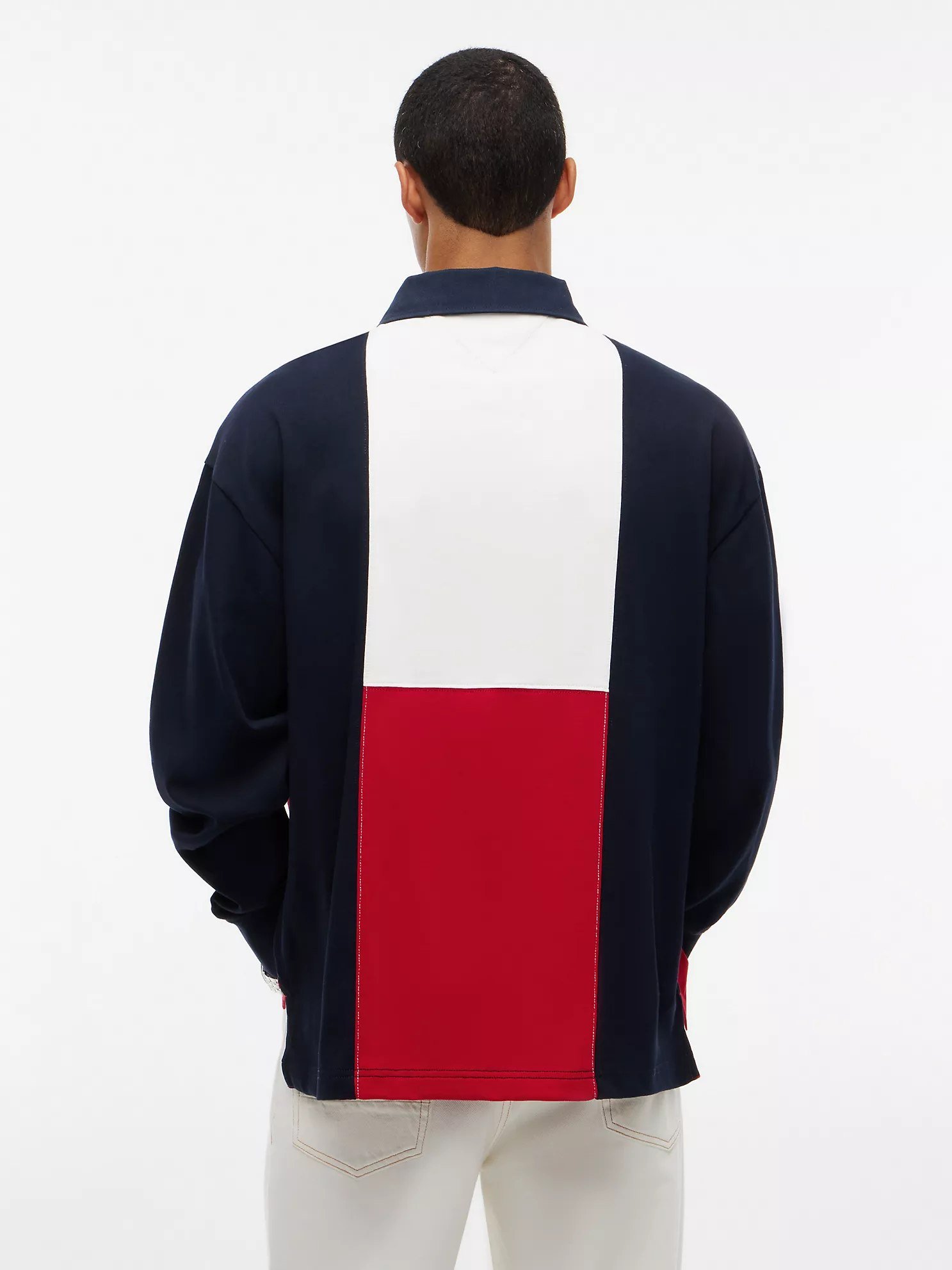 Relaxed Fit Colorblock Rugby Polo-Red/White/Navy Stripe - Image 3