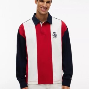 Relaxed Fit Colorblock Rugby Polo-Red/White/Navy Stripe