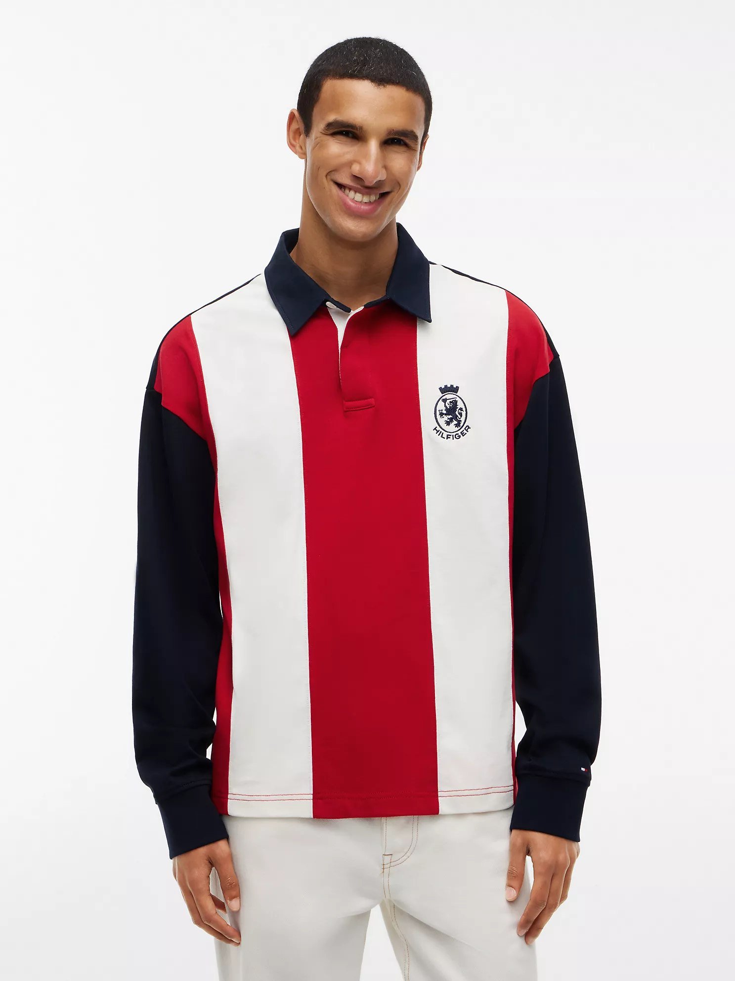 Relaxed Fit Colorblock Rugby Polo-Red/White/Navy Stripe