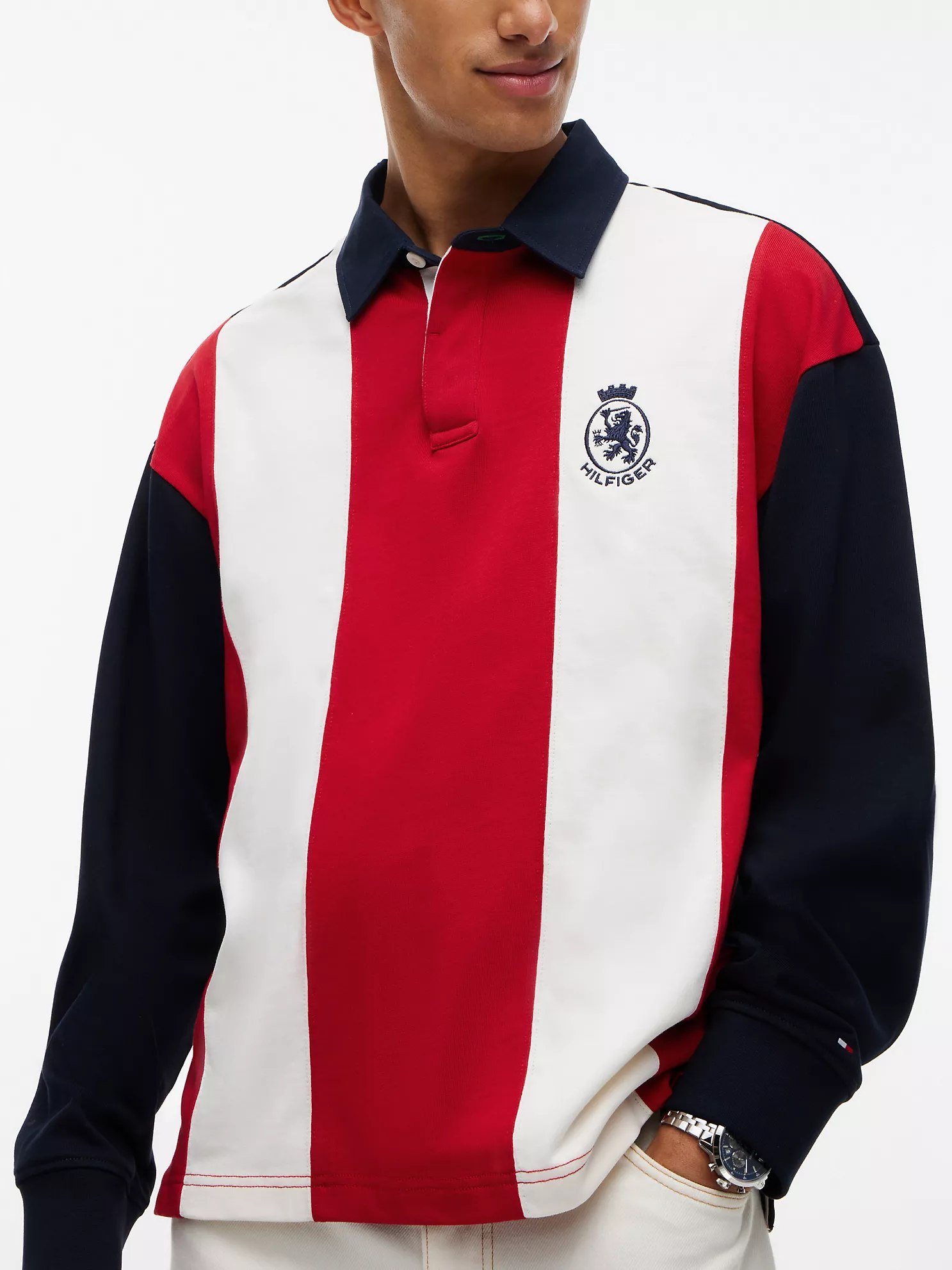 Relaxed Fit Colorblock Rugby Polo-Red/White/Navy Stripe - Image 4
