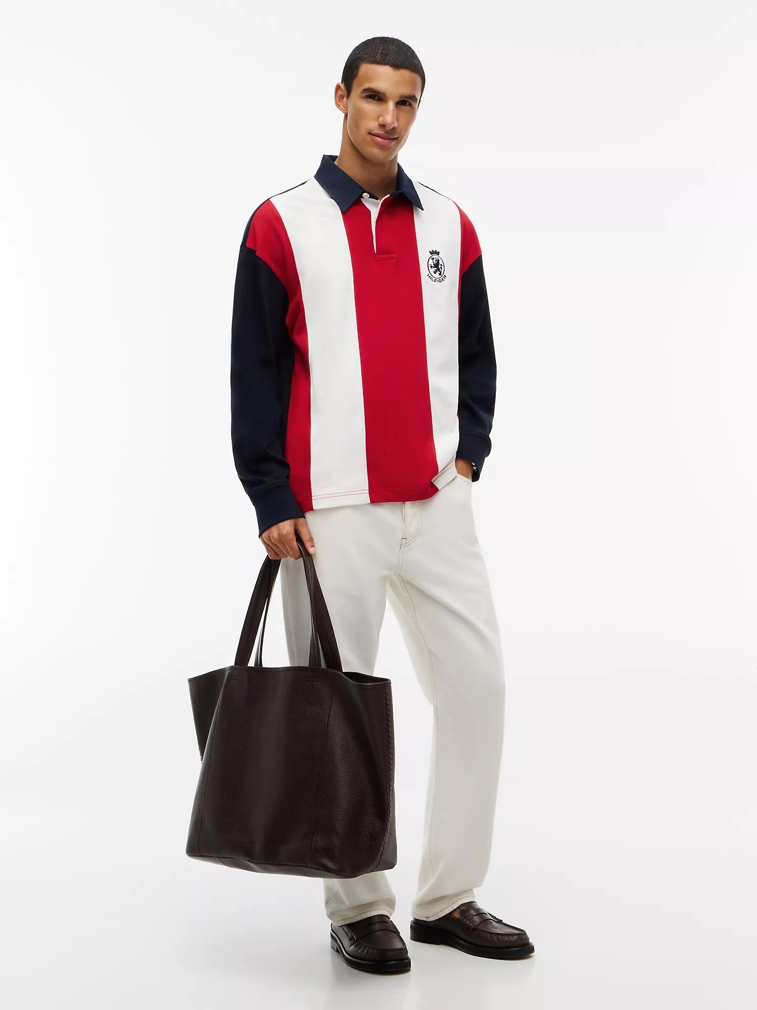 Relaxed Fit Colorblock Rugby Polo-Red/White/Navy Stripe - Image 2