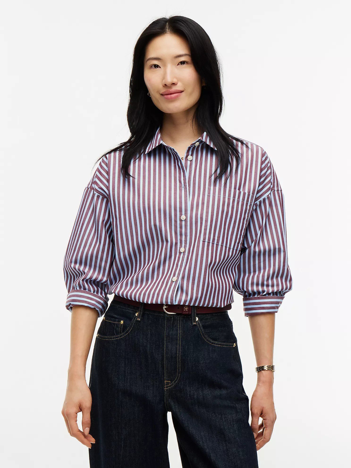 Striped Poplin Pocket Shirt-Burgundy
