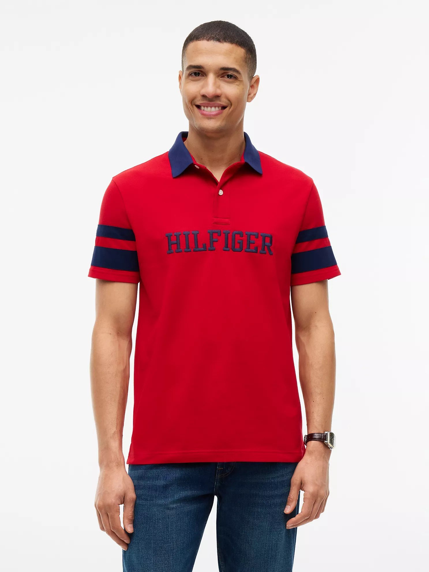 Regular Fit Varsity Stripe Logo Polo-Medium Red