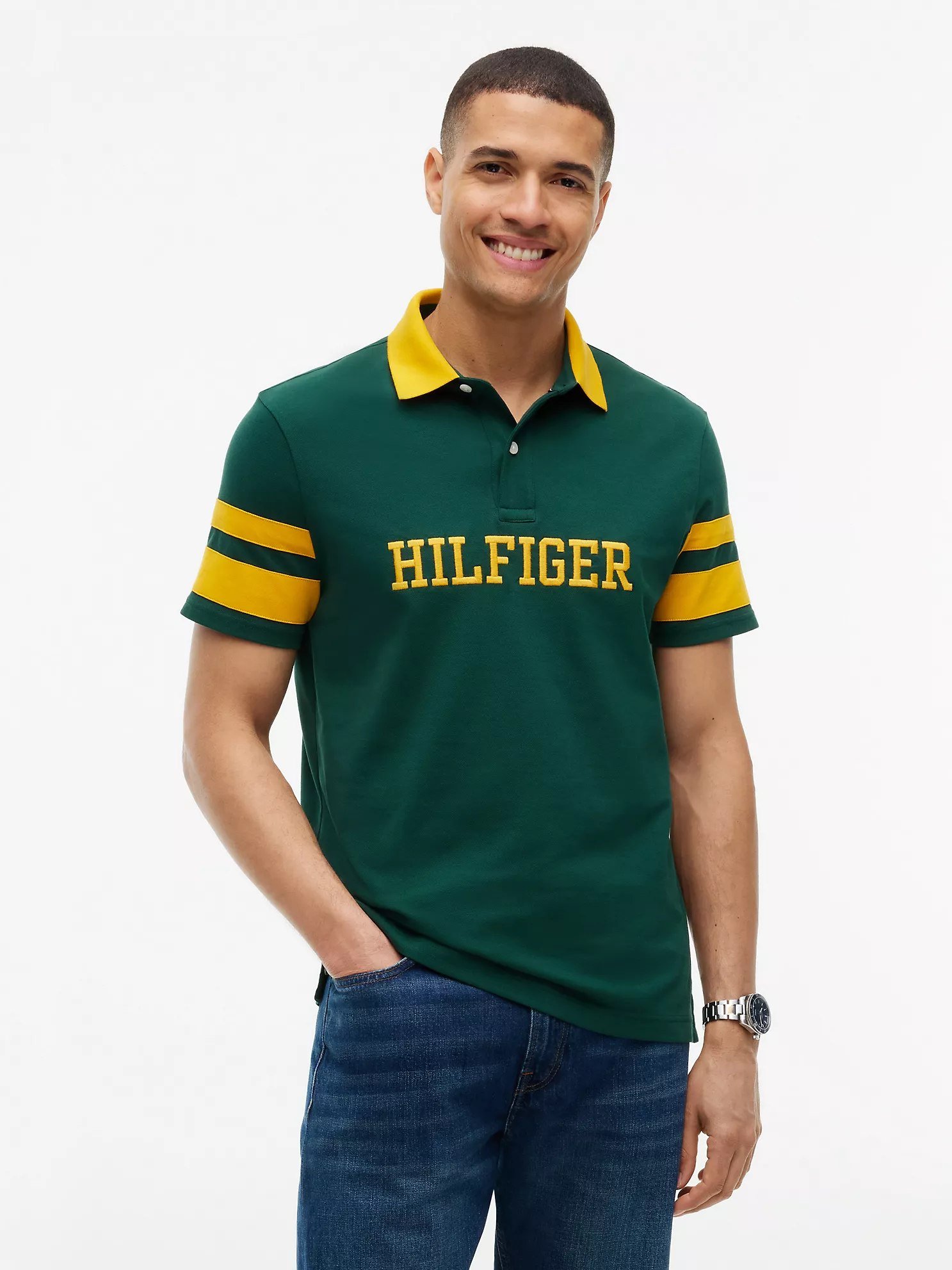 Regular Fit Varsity Stripe Logo Polo-Ornamental Green